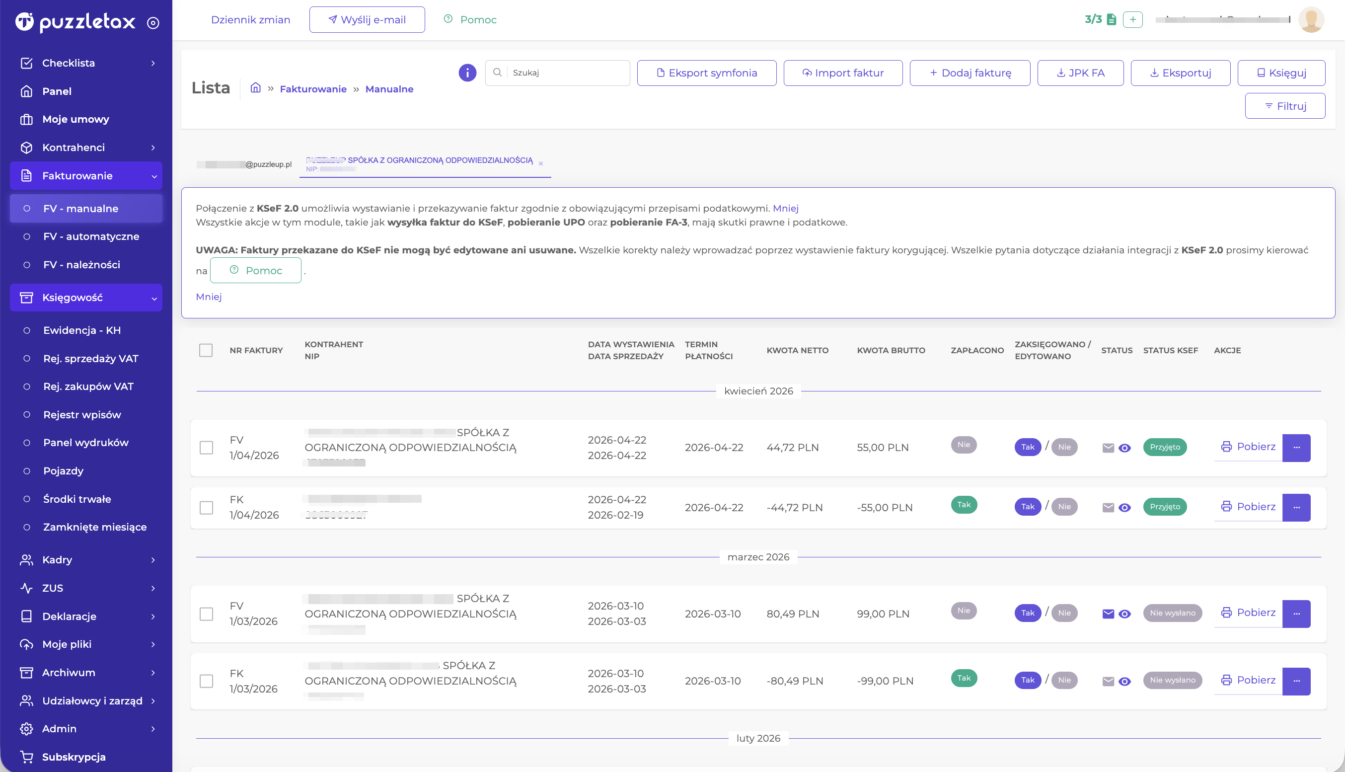 Widok finansów firmy w PuzzleHub — przychody, koszty, wynik